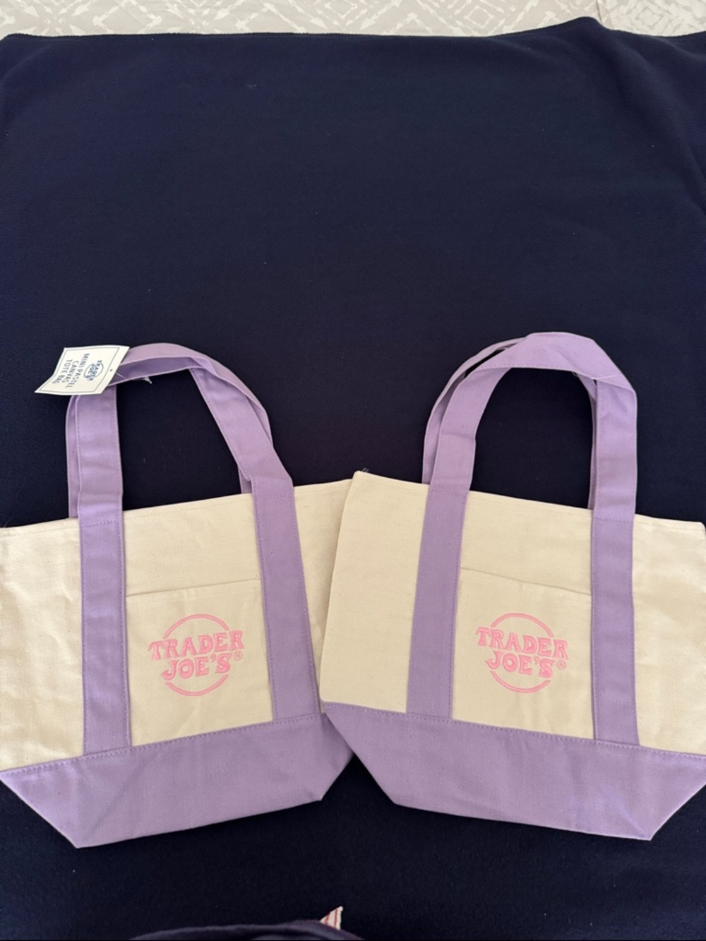 Trader Joe's Mini Cream and Lavender Canvas Tote Bag. Set of 2. NEW